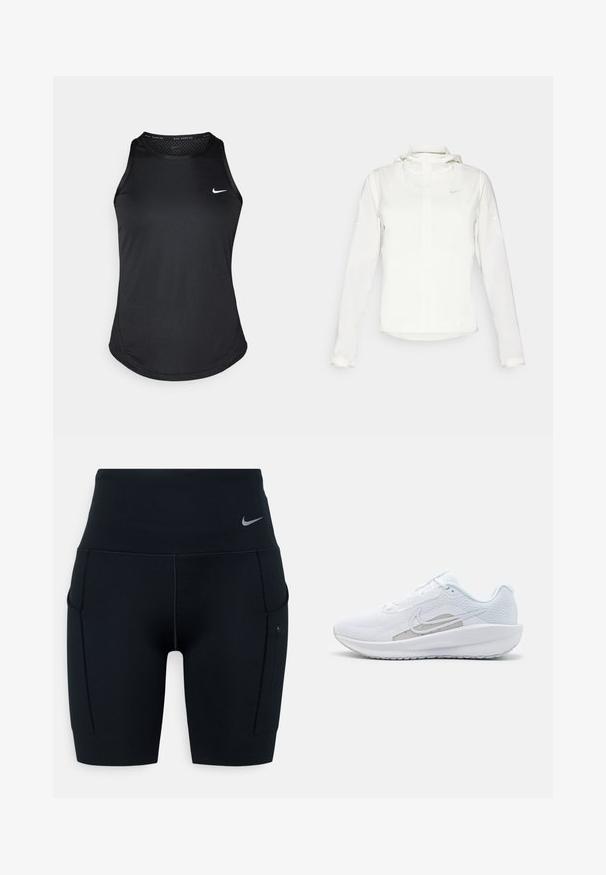 White Nike jacket with a hood, full zip, elastic cuffs, and a subtle logo on the chest. Smooth texture and lightweight design.; Nike sleeveless black running tank top, featuring a round neck, smooth texture, and a small white logo on the left chest.; Black high-waisted athletic shorts made of stretchy material; features side pockets and a small Nike logo on the waistband.; White athletic shoe with mesh upper, rounded toe, and textured sole. Features a silver Nike swoosh and minimalistic design.