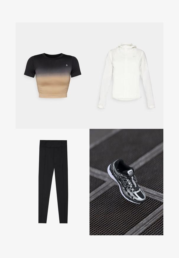 White Nike jacket with a hood, full zip, elastic cuffs, and a subtle logo on the chest. Smooth texture and lightweight design.; Short-sleeve crop top with a gradient from black to beige. Smooth texture, round neckline, and a subtle logo on the chest.; Black leggings featuring a smooth texture, high waistband, and stitching details along the sides. Slim-fit design, suitable for various activities.; Nike running shoe featuring a black and silver color scheme, mesh upper, textured sole, and lacing system for secure fit.