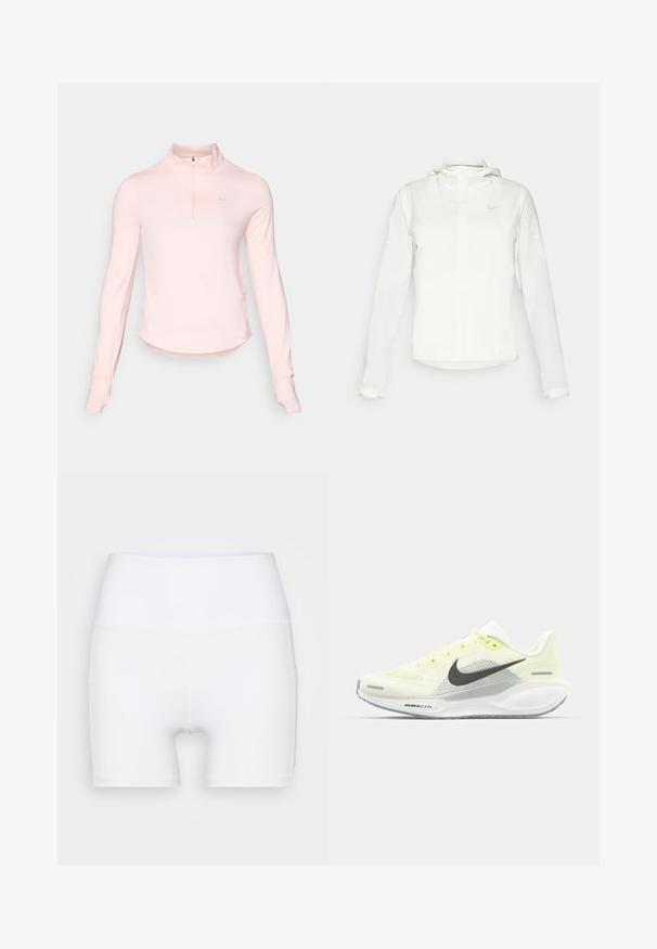 Witte Nike-jack met een capuchon, volledige rits, elastische manchetten en een subtiele logo op de borst. Gladde textuur en lichtgewicht ontwerp.; Lichtroze langemouw quarter-zip top met een hoge kraag, gemaakt van zachte stof, met een klein logo op de linkerkant van de borst en duimgaten bij de manchetten.; Witte hoge taille shorts van rekbare stof. Kenmerken een gladde textuur en een aansluitend ontwerp, zonder extra patronen of hardware.; Nike hardloopschoenen met een lichtgele en witte mesh bovenkant, grijze accenten en een flexibele rubberen zool. Voorzien van een vetersluiting.