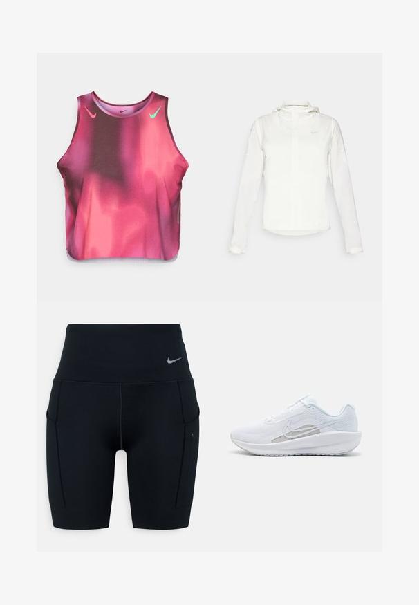 Giacca Nike bianca con cappuccio, zip completa, polsini elasticizzati e un logo discreto sul petto. Texture liscia e design leggero.; Crop top in gradiente blu navy e rosa realizzato in tessuto elasticizzato. Presenta il logo Nike in rosa e verde, con scollatura tonda e design senza maniche.; Shorts sportivi neri a vita alta realizzati in materiale elasticizzato; presentano tasche laterali e un piccolo logo Nike sulla vita.; Scarpa sportiva bianca con tomaia in rete, punta arrotondata e suola testurizzata. Presenta il logo Nike in argento e un design minimalista.