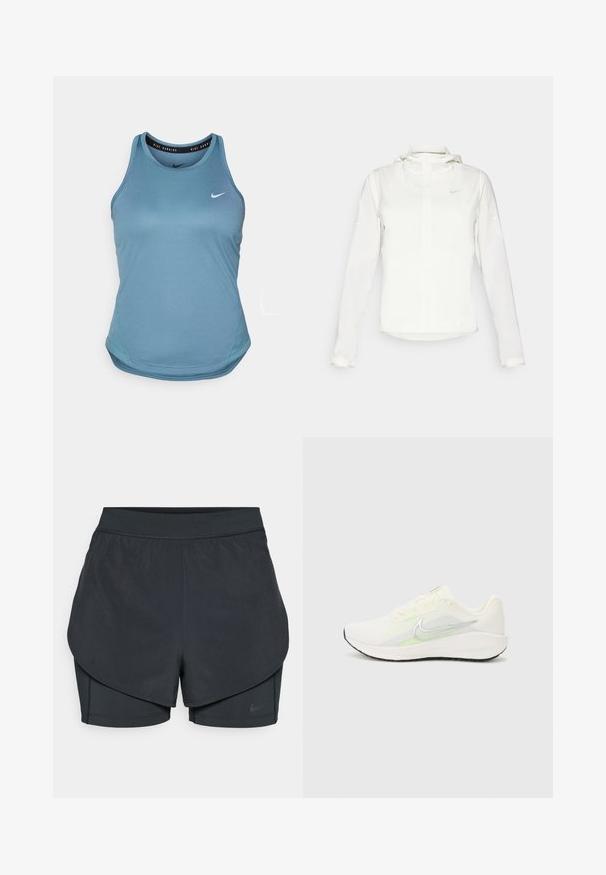 Bijela Nike jakna s kapuljačom, punim zatvaračem, elastičnim manžetama i suptilnim logotipom na prsima. Glatka textura i lagan dizajn.; Svijetlo plava Nike majica za trčanje bez rukava s okruglim izrezom i zakrivljenim rubom. Ima mali bijeli Nike logo na prsima.; Crne atletske kratke hlače s višeslojnim dizajnom, koje sadrže glatki vanjski sloj i uske unutarnje hlače. Izrađene od lagane, rastezljive tkanine.; Nike Performance DOWNSHIFTER 13 - Tenisice za cestovno trčanje - sail/silver-coloured photon dust/summit white/barely volt/black