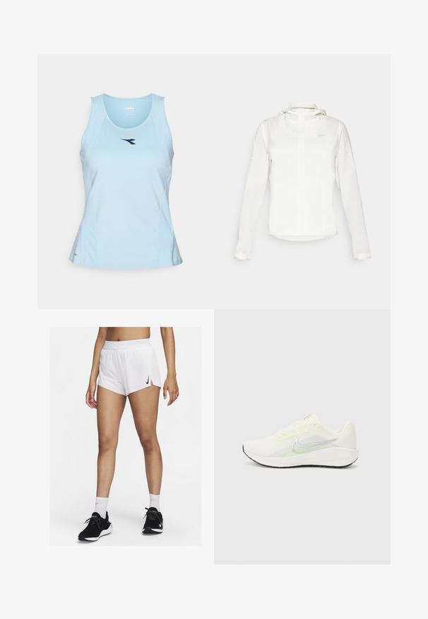 Bijela Nike jakna s kapuljačom, punim zatvaračem, elastičnim manžetama i suptilnim logotipom na prsima. Glatka textura i lagan dizajn.; Svijetloplavi atletski top od glatkog materijala, s zaobljenim izrezom i tamnoplavim logotipom na prsima.; Bijele sportske kratke hlače s rebrastim pojasom, bočnim prorezima i crnim logotipom Nike. Nošene s crnim tenisicama i bijelim čarapama do sredine lista.; Nike Performance DOWNSHIFTER 13 - Tenisice za cestovno trčanje - sail/silver-coloured photon dust/summit white/barely volt/black
