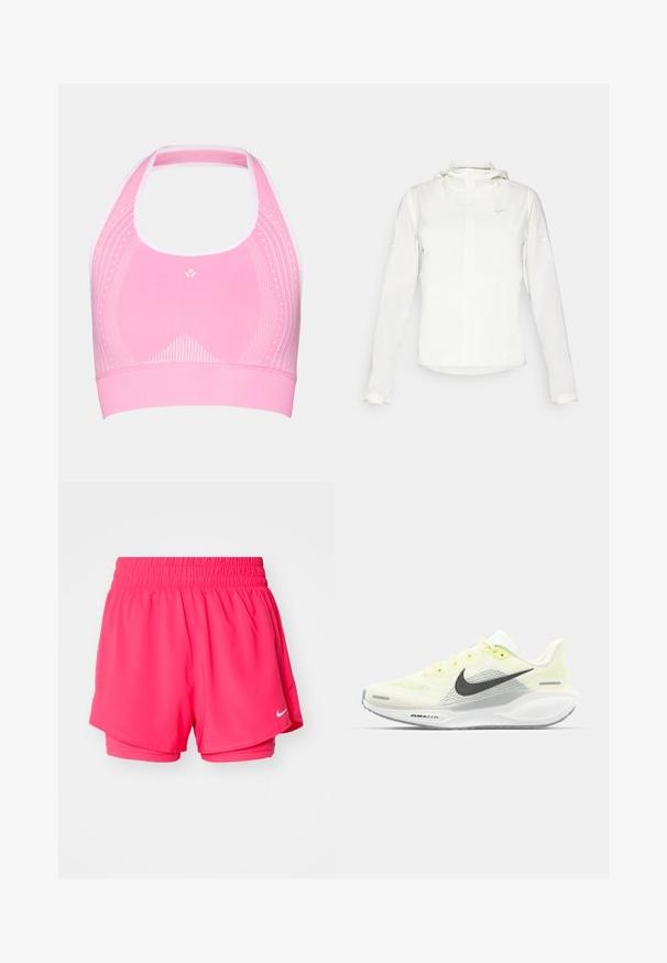 Witte Nike-jack met een capuchon, volledige rits, elastische manchetten en een subtiele logo op de borst. Gladde textuur en lichtgewicht ontwerp.; Roze sportbeha met een halternekontwerp, voorzien van subtiele witte patronen en een geribbeld textuur langs de band aan de onderkant.; Roze sportshorts met een elastische tailleband, binnenvoering en een witte logo-accent. Lichtgewicht materiaal, ontworpen voor comfort en bewegingsvrijheid.; Nike hardloopschoenen met een lichtgele en witte mesh bovenkant, grijze accenten en een flexibele rubberen zool. Voorzien van een vetersluiting.