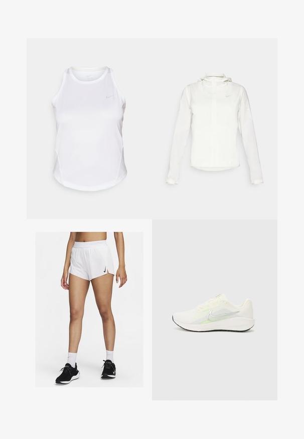 Hvit Nike-jakke med hette, hel glidelås, elastiske mansjetter og en diskret logo på brystet. Glatt tekstur og lett design.; Hvit atletisk tanktopp med rund hals, ermeløst design og subtilt reflekterende logo. Laget av et glatt, fukttransporterende stoff.; Hvite atletisk shorts med ribbet linning, sidespalter og en svart Nike-logo. Brukes med svarte joggesko og hvite ankelsokker.; Nike Performance DOWNSHIFTER 13 - Løpesko for vei - sail/silver-coloured photon dust/summit white/barely volt/black