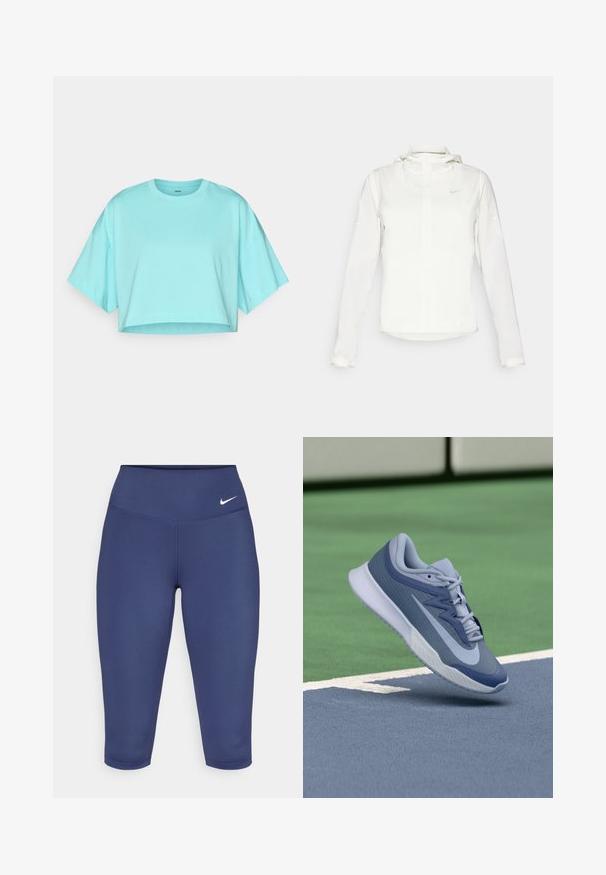 Jachetă albă Nike cu glugă, fermoar pe toată lungimea, manșete elastice și un logo subtil pe piept. Textură netedă și design ușor.; Tricou scurt în turcoaz deschis, fabricat din bumbac moale. Se remarcă prin guler rotund și mâneci scurte, largi. Textura netedă cu cusături minime.; Leggings capri de culoare albastru marin, realizate dintr-un material elastic, cu o talie lată și un mic logo alb pe partea stângă. Fără cusături vizibile.; Adidași sport cu nuanțe de albastru deschis și marin, având un material superior texturat, șireturi plate și o talpă ușoară albă. Ridicați deasupra unei suprafețe de teren.