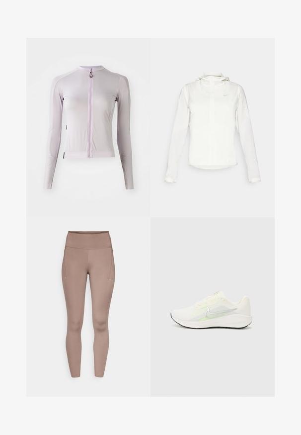 Giacca Nike bianca con cappuccio, zip completa, polsini elasticizzati e un logo discreto sul petto. Texture liscia e design leggero.; Maglia sportiva a maniche lunghe in un delicato colore lavanda, realizzata in tessuto a coste. Presenta una zip frontale e un design aderente con cuciture a contrasto.; Leggings marroni a vita alta con una texture liscia, dotati di tasche laterali e piccoli dettagli riflettenti sul davanti.; Nike Performance DOWNSHIFTER 13 - Scarpe da corsa su strada - sail/silver-coloured photon dust/summit white/barely volt/black