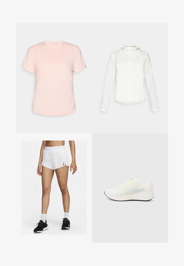 Hvid Nike-jakke med hætte, fuld lynlås, elastiske manchetter og et diskret logo på brystet. Glat tekstur og let design.; Lys rosa trænings T-shirt lavet af glat, åndbart stof. Har korte ærmer, rund halsudskæring og et lille hvidt Nike-logo på fronten.; Hvide atletikshorts med ribbet taljebånd, sideslids og sort Nike-logo. Båret med sorte sneakers og hvide crew-sokker.; Nike Performance DOWNSHIFTER 13 - Løbesko til landevejen - sail/silver-coloured photon dust/summit white/barely volt/black