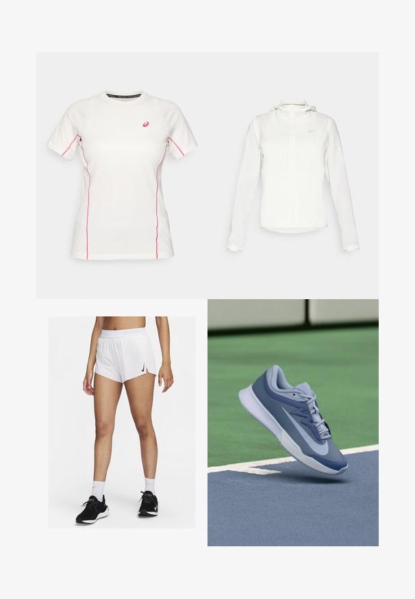 White Nike jacket with a hood, full zip, elastic cuffs, and a subtle logo on the chest. Smooth texture and lightweight design.; White short-sleeve athletic shirt with pink stitching along sides and sleeves, featuring a small pink Asics logo on the chest.; White athletic shorts with a ribbed waistband, side slits, and a black Nike logo. Worn with black sneakers and white crew socks.; Sport sneaker in light blue and navy, featuring a textured upper, flat laces, and a lightweight white sole. Elevated above a court surface.
