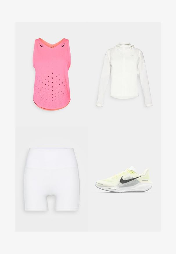Valkoinen Nike-takki hupulla, täyspitkällä vetoketjulla, joustavilla hihansuilla ja hillityllä logolla rinnassa. Sujuva pinta ja kevyt muotoilu.; Vaaleanpunainen urheilullinen tankotoppi V-päällä, jossa on avonainen reikämalli ilmanvaihtoa varten ja kontrastoiva oranssi sisäkaulaote.; Valkoiset korkeavyötäröiset shortsit, jotka on valmistettu joustavasta kankaasta. Ominaisuuksiin kuuluu sileä pinta ja tiukka muotoilu, ilman lisäkuvioita tai varusteita.; Nike juoksukengät, joissa on vaaleankeltainen ja valkoinen verkko-osa, harmaita yksityiskohtia ja joustava kumipohja. Varusteet nauhakiinnityksellä.