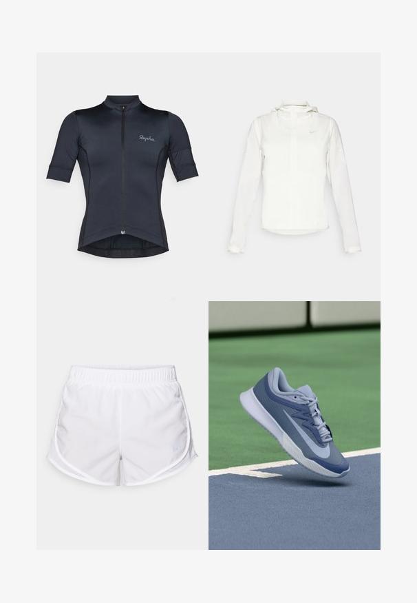 Bijela Nike jakna s kapuljačom, punim zatvaračem, elastičnim manžetama i suptilnim logotipom na prsima. Glatka textura i lagan dizajn.; Bershka za bicikl s kratkim rukavima u tamnoplavoj boji, izrađena od laganog, rastezljivog materijala. Ima zatvarač sprijeda i Rapha logo na prsima.; Bijeli atletski šortsevi izrađeni od lagane, prozračne tkanine. Imaju elastični pojas i mrežaste bočne panele, s malim plavim logotipom.; Sportske tenisice u svijetloplavoj i tamnoplavoj boji, s teksturiranim gornjim dijelom, ravnim vezicama i laganim bijelim potplatom. Iznad su povišene u odnosu na teren.