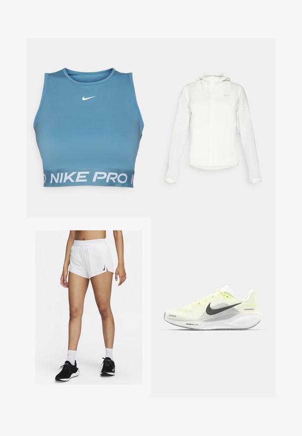 Chaqueta blanca de Nike con capucha, cremallera completa, puños elásticos y un logo sutil en el pecho. Textura suave y diseño ligero.; Top corto deportivo azul hecho de una tela suave con un cuello redondo, que presenta un logo de Nike en blanco y el texto "NIKE PRO" en la banda.; Pantalones cortos deportivos blancos con cinturilla acanalada, aberturas laterales y un logo negro de Nike. Se llevan con zapatillas negras y calcetines blancos hasta la mitad de la pantorrilla.; Zapatillas de correr Nike con una parte superior de malla en amarillo claro y blanco, detalles en gris y una suela de goma flexible. Cuenta con un cierre de cordones.