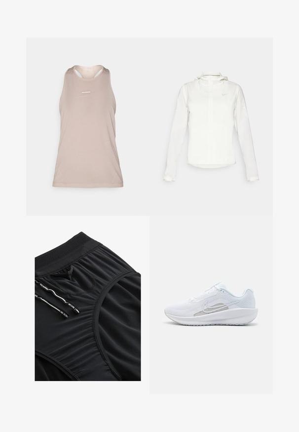 Hvid Nike-jakke med hætte, fuld lynlås, elastiske manchetter og et diskret logo på brystet. Glat tekstur og let design.; Lys beige ærmeløs atletisk tanktop med mesh tekstur, rund halsudskæring og lille logo på forsiden. Glat stof, lette design.; Sorte sportshorts lavet af glat stof, med en tekstureret talje, snoretræk og subtile plissédetaljer.; Hvid træningssko med mesh-overdel, rund tå og tekstureret sål. Har et sølvfarvet Nike-swoosh og et minimalistisk design.