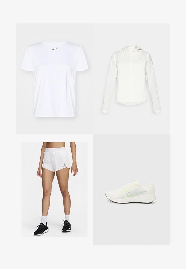Casaco branco da Nike com capuz, fecho completo, punhos elásticos e um logótipo subtil no peito. Textura suave e design leve.; T-shirt atlético branca feita de tecido liso, com gola redonda e mangas curtas. Pequeno logótipo preto da Nike no centro do peito.; Calções atléticos brancos com cós canelado, fendas laterais e um logótipo preto da Nike. Usados com ténis pretos e meias brancas até ao meio da canela.; Nike Performance DOWNSHIFTER 13 - Sapatos para corrida em estrada - sail/silver-coloured photon dust/summit white/barely volt/black