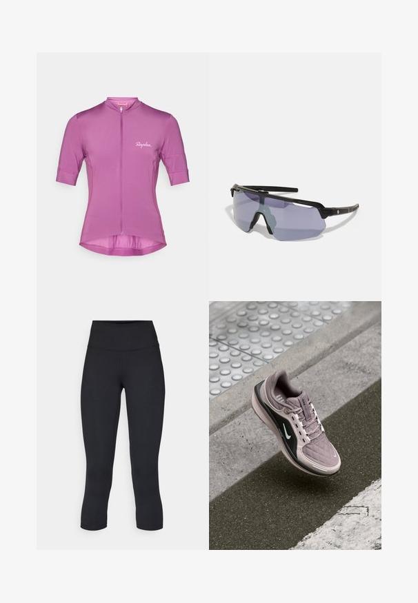 Veste blanche Nike avec capuche, fermeture éclair intégrale, poignets élastiques et un logo discret sur la poitrine. Texture lisse et design léger.; Maillot de cyclisme à manches courtes en violet vif, comportant une fermeture éclair sur le devant, une coupe structurée et un logo "Rapha." discret imprimé sur la poitrine.; Leggings noirs coupés en tissu extensible, avec une taille haute et une texture lisse, sans motifs ni éléments visibles.; Chaussure de sport lilas clair avec texture matelassée, accents latéraux noirs et logo blanc. Dotée de lacets et d'une semelle rembourrée pour le confort.; Lunettes de sport avec une monture noire, de grandes verres teintés en violet, un design aérodynamique et des embouts d'oreilles texturés pour plus de confort.