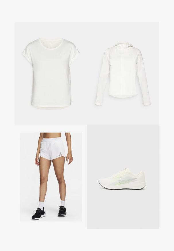 Vit Nike-jacka med huva, hel dragkedja, elastiska ärmslutar och en diskret logotyp på bröstet. Slät textur och lätt design.; Vit kortärmad t-shirt med rund halsringning, tillverkad av ett mjukt tyg. Har uppvikta ärmar och en diskret logotypdetalj på bröstet.; Vita sportshorts med ribbad midjeresår, sidospjäll och en svart Nike-logotyp. Bärs med svarta sneakers och vita strumpor i crew-längd.; Nike Performance DOWNSHIFTER 13 - Väglöparskor - sail/silver-coloured photon dust/summit white/barely volt/black
