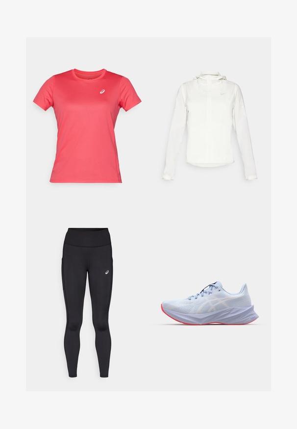 Valge Nike jakker, millel on kapuuts, täispikk tõmblukk, elastsed mansetid ja diskreetne logo rinnal. Sile tekstuur ja kerge disain.; ASICS CORE TOP - Spordi T-särk - pixel pink; Mustad kõrge vöökoha ja sujuva, elastse materjaliga mustad retuusid. Tooteid iseloomustab diskreetne logo reitel ja küljetaskud.; Heledsinine sportlik king, millel on tekstuuriga võrgusilm ülemine osa, valged logo aktsendid, pehmendusega tald ning roosa välistald. Omab voolujoonelist ja ergonoomilist disaini.