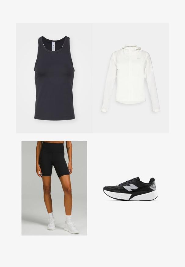 Witte Nike-jack met een capuchon, volledige rits, elastische manchetten en een subtiele logo op de borst. Gladde textuur en lichtgewicht ontwerp.; Zwarte tanktop gemaakt van zachte, rekbare stof. Heeft een ronde halslijn en brede schouderbanden, ontworpen voor een strakke pasvorm.; Zwarte hoge fietsbroeken van rekbaar materiaal, met een slim fit en middelmatige lengte tot de bovenbenen, gecombineerd met witte sportschoenen en sokken.; Zwart-witte New Balance hardloopschoen met een dikke zool, bovenwerk van mesh en het "N"-logo aan de zijkant, bekeken vanaf de buitenzijde.