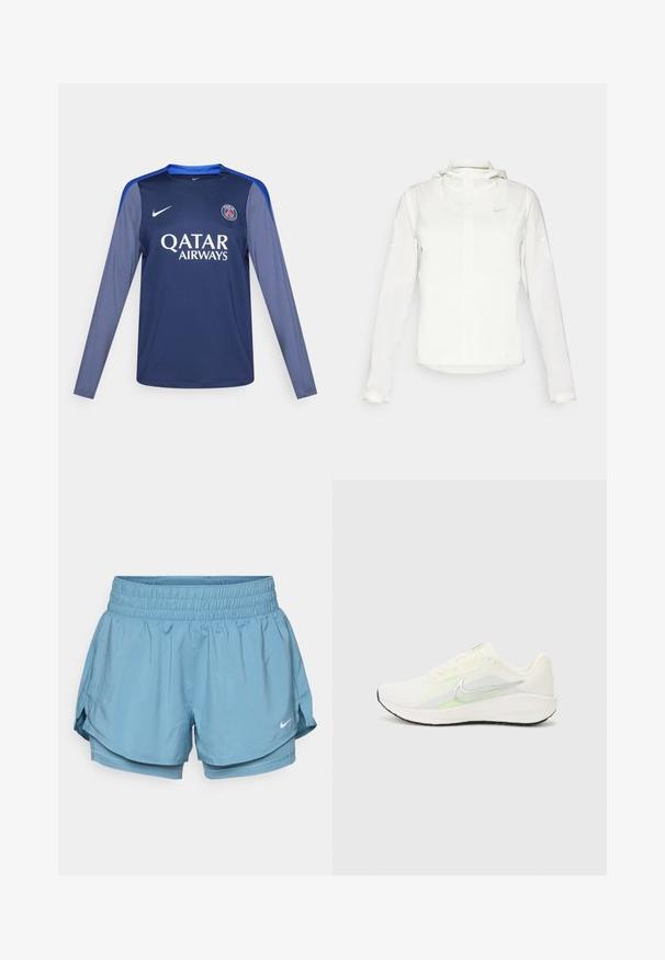 Giacca Nike bianca con cappuccio, zip completa, polsini elasticizzati e un logo discreto sul petto. Texture liscia e design leggero.; Maglia a maniche lunghe di colore blu navy con dettagli blu, logo Nike sul petto e 'QATAR AIRWAYS' in lettere bianche. Tessuto liscio, vestibilità atletica.; Pantaloni sportivi azzurri chiari con una ampia cintura elastica, fodera interna e spacchetti laterali per facilitare i movimenti. Presenta un piccolo logo bianco.; Nike Performance DOWNSHIFTER 13 - Scarpe da corsa su strada - sail/silver-coloured photon dust/summit white/barely volt/black