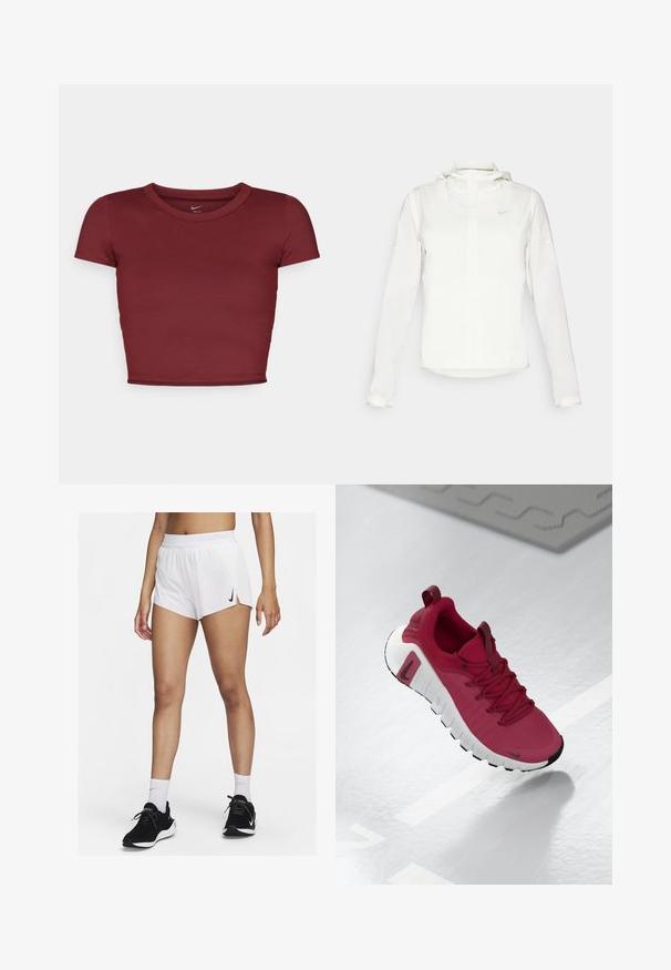 Chaqueta blanca de Nike con capucha, cremallera completa, puños elásticos y un logo sutil en el pecho. Textura suave y diseño ligero.; Top corto de manga corta en burdeos, fabricado con un tejido suave y con un escote redondo. Diseño minimalista, sin logotipos ni patrones visibles.; Pantalones cortos deportivos blancos con cinturilla acanalada, aberturas laterales y un logo negro de Nike. Se llevan con zapatillas negras y calcetines blancos hasta la mitad de la pantorrilla.; Zapatilla deportiva roja con un upper texturizado, cordones y una suela blanca gruesa. Presenta una puntera negra en contraste y un logotipo en el lateral.
