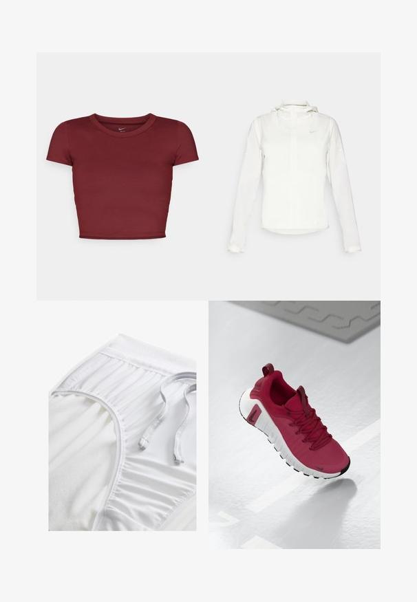Valge Nike jakker, millel on kapuuts, täispikk tõmblukk, elastsed mansetid ja diskreetne logo rinnal. Sile tekstuur ja kerge disain.; Burgundi, lühikeste varrukatega lühike topp, mis on valmistatud siledast kangast ja millel on ümar kaelus. Minimalistlik disain, pole nähtavaid logosid ega mustreid.; Valged sportlikud lühikesed püksid tekstureeritud vööosaga, kogutud külgedetailidega ja lameda tõmblukuga. Pehme kangas siledast viimistlusest.; Punane spordijalats tekstureeritud ülemise osa, paelte ja paksu valge tallaga. Omab kontrastset musta varbakorki ja logo küljes.