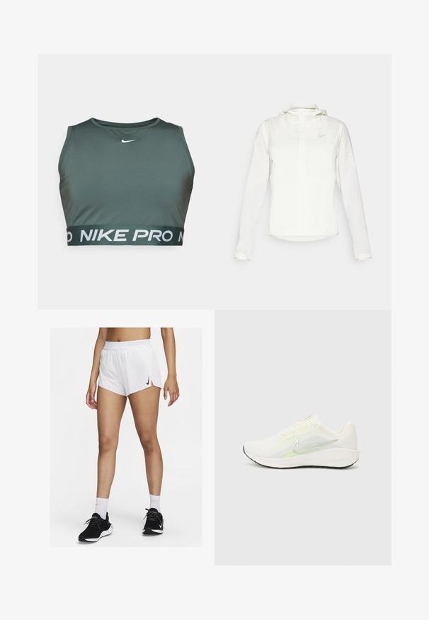 Bela Nike jakna s kapuco, polno zadrgo, elastičnimi manšetami in diskretnim logotipom na prsih. Gladka tekstura in lahko oblikovanje.; Zelen modni športni nedrček iz gladkega materiala, s krožnim izrezom in širokim elastičnim pasom z belim napisom "NIKE PRO".; Beli atletski šort z rebrastim pasom, stranskimi zarezi in črnim logotipom Nike. Nošen s črnimi supergami in belimi nogavicami do gležnja.; Nike Performance DOWNSHIFTER 13 - Tekaški copati za cesto - sail/silver-coloured photon dust/summit white/barely volt/black