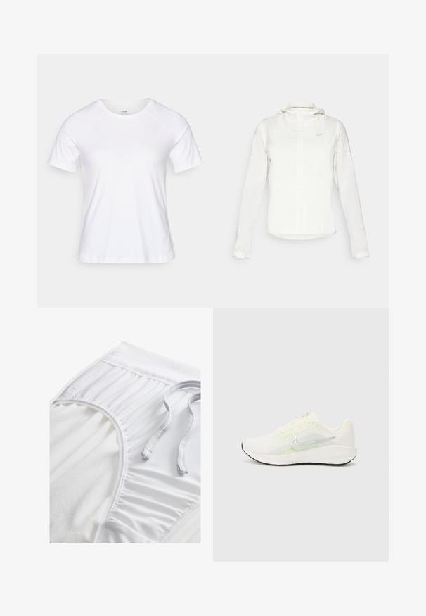Hvit Nike-jakke med hette, hel glidelås, elastiske mansjetter og en diskret logo på brystet. Glatt tekstur og lett design.; Hvit t-skjorte med korte ermer laget av myk bomullsblanding, med rund halslinning og raglanermer, glatt tekstur uten mønstre.; Hvite treningse shorts med strukturert midjebånd, samlede side detaljer og flat snøring. Myk stoff med glatt overflate.; Nike Performance DOWNSHIFTER 13 - Løpesko for vei - sail/silver-coloured photon dust/summit white/barely volt/black