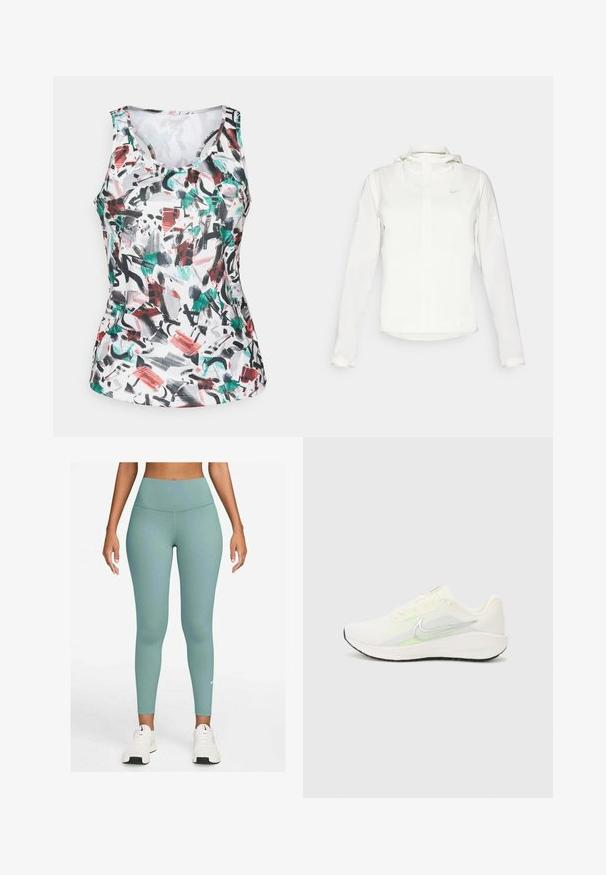 White Nike jacket with a hood, full zip, elastic cuffs, and a subtle logo on the chest. Smooth texture and lightweight design.; Sleeveless athletic tank top with round neckline, featuring an abstract brushstroke pattern in green, red, black, and gray on white fabric.; High-waisted, teal leggings made of stretchy fabric, featuring a smooth texture and a small white logo near the ankle.; Nike Performance DOWNSHIFTER 13 - Road running shoes - sail/silver-coloured photon dust/summit white/barely volt/black