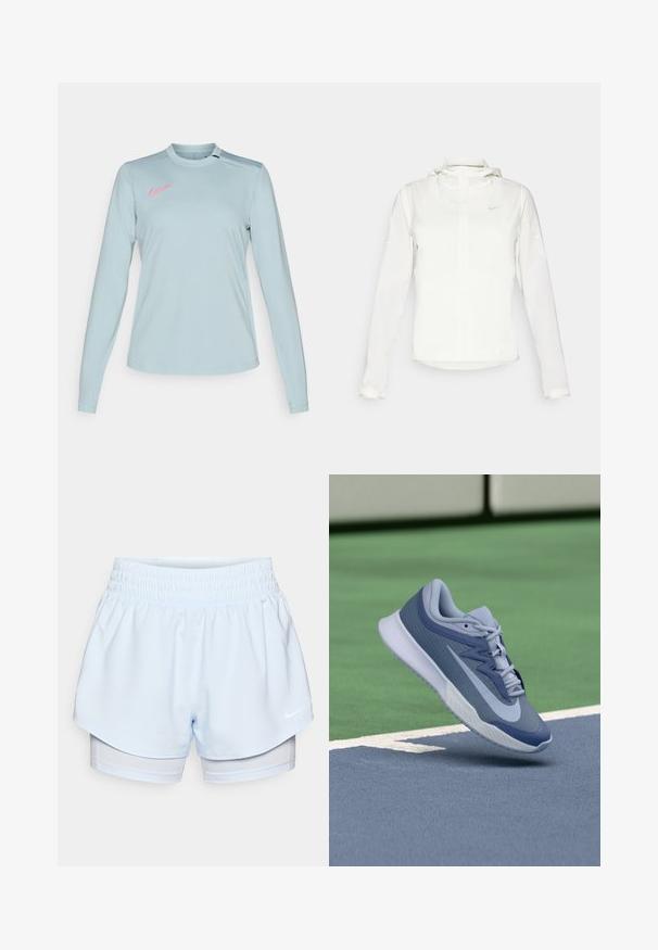 Bijela Nike jakna s kapuljačom, punim zatvaračem, elastičnim manžetama i suptilnim logotipom na prsima. Glatka textura i lagan dizajn.; Svijetloplava dukserica dugih rukava marke Nike s okruglim izrezom, koja na lijevom ramenu ima ružičasti logo i glatku, teksturiranu tkaninu.; Svijetloplave atletske kratke hlače s elastičnom gumicom u struku; vanjski sloj je kratko krojen, dok je unutarnji sloj uklapajući i napravljen od prozračnog materijala.; Sportske tenisice u svijetloplavoj i tamnoplavoj boji, s teksturiranim gornjim dijelom, ravnim vezicama i laganim bijelim potplatom. Iznad su povišene u odnosu na teren.