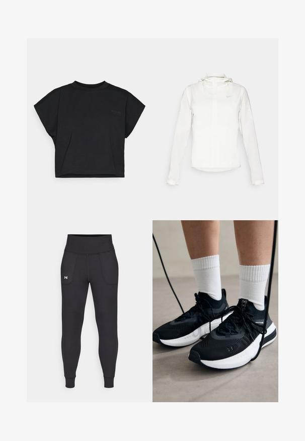 Bela Nike jakna s kapuco, polno zadrgo, elastičnimi manšetami in diskretnim logotipom na prsih. Gladka tekstura in lahko oblikovanje.; Črni kratki majica iz mehke bombažne tkanine s kratkimi rokavi in krožnim izrezom. Na sprednji strani je diskretna oznaka.; Črne atletske legice iz raztegljivega materiala, ki imajo visok pas, stranske žepke in tesne manšete pri gležnjih.; Črne športne čevlje z strukturirano tkanino, belo podplatom in črnimi vezalkami. Nosi se z belimi rebrastimi nogavicami, stoje na svetli površini.
