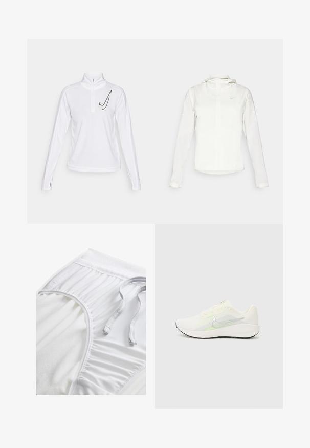 Biela Nike bunda s kapucňou, plným zipsom, elastickými manžetami a jemným logom na hrudi. Hladká textúra a ľahký dizajn.; Biely dlhý rukáv s zipsovou bundou vyrobený z hladkej tkaniny s čiernym logom Nike na ľavej hrudi a bočnými rozparkom na rukávoch.; Biele atletické šortky s textúrovaným pásom, zbernými bočnými detailmi a plochou šnúrkou. Mäkká tkanina s hladkým povrchom.; Nike Performance DOWNSHIFTER 13 - Cestná bežecká obuv - sail/silver-coloured photon dust/summit white/barely volt/black