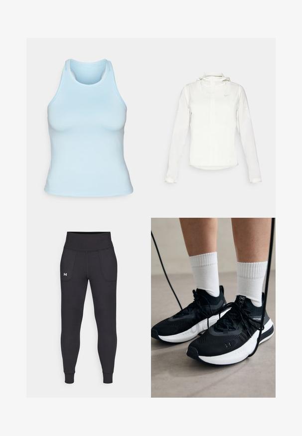 Chaqueta blanca de Nike con capucha, cremallera completa, puños elásticos y un logo sutil en el pecho. Textura suave y diseño ligero.; Top sin mangas de color azul claro, hecho de un tejido elástico, con un escote redondo y diseño de espalda nadadora, que presenta una silueta ajustada y suave.; Leggings deportivos negros hechos de material elástico, con una cintura alta, bolsillos laterales y puños ajustados en el tobillo.; Zapatillas deportivas negras con tela texturizada, suela blanca y cordones negros. Llevadas con calcetines blancos de canalé, de pie sobre una superficie clara.