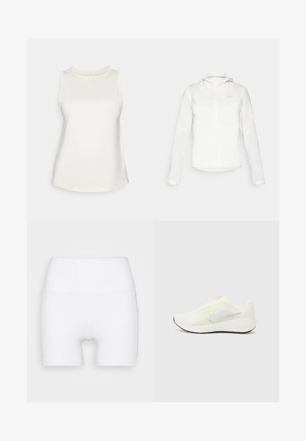 Biała kurtka Nike z kapturem, na zamek błyskawiczny, elastyczne mankiety i subtelne logo na piersi. Gładka tekstura i lekka konstrukcja.; Bezramionowy biały top z gładkiego materiału, z okrągłym dekoltem i zaokrąglonym dołem. Prosty design bez wzorów czy ozdób.; Białe szorty z wysokim stanem wykonane z elastycznej tkaniny. Charakteryzują się gładką teksturą i dopasowanym krojem, bez dodatkowych wzorów czy elementów metalowych.; Nike Performance DOWNSHIFTER 13 biały
