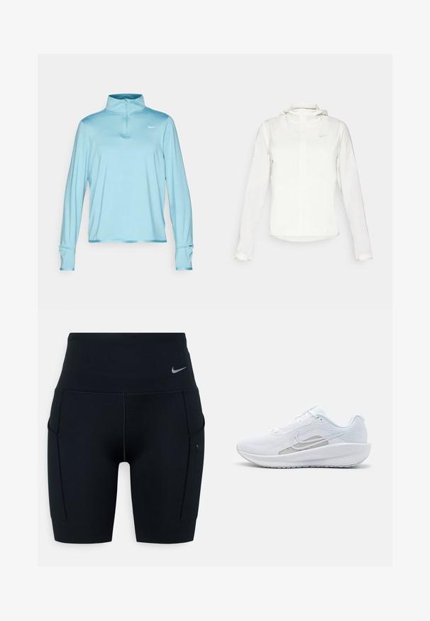 Hvit Nike-jakke med hette, hel glidelås, elastiske mansjetter og en diskret logo på brystet. Glatt tekstur og lett design.; Lys blå langermet atletisk topp med halv glidelås i kragen, med en slim fit og Nike-logo på brystet. Myk, elastisk stoff.; Svart høyverdig trening shorts laget av elastisk materiale; har sidelommer og en liten Nike-logo på midjen.; Hvit sportssko med mesh-overdel, rund tå og teksturert såle. Har en sølvfarget Nike swoosh og et minimalistisk design.