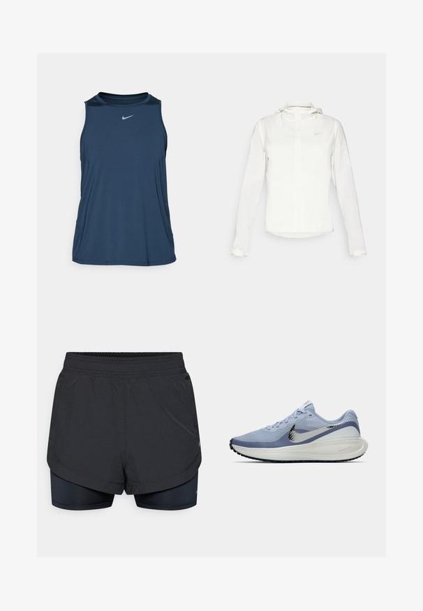 Hvit Nike-jakke med hette, hel glidelås, elastiske mansjetter og en diskret logo på brystet. Glatt tekstur og lett design.; Nike Performance ONE CLASSIC TANK - Topper - armory navy/black; Sorte treningsshorts med et ytterlag som har en tettsittende innerfôr. Midjebåndet er elastisk, og stoffet virker lett og glatt.; Lys blå og hvit Nike løpesko med sølvfarget swoosh, pustende mesh-overdel, polstret såle og svart yttersåle med mønster.