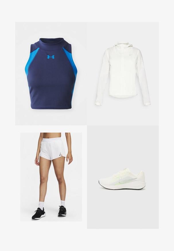 Valkoinen Nike-takki hupulla, täyspitkällä vetoketjulla, joustavilla hihansuilla ja hillityllä logolla rinnassa. Sujuva pinta ja kevyt muotoilu.; Merivedos sleeveless crop top, valmistettu ribattu kankaasta sinisillä yksityiskohdilla. Ominaisuuksiin kuuluu korkea kaulus ja Under Armourn logo edessä.; Valkoiset urheilushortsit, joissa on resorivyötärö, sivuhaarat ja musta Nike-logo. Yhdistetty mustiin tennareihin ja valkoisiin polvisukkiin.; Nike Performance DOWNSHIFTER 13 - Katujuoksukengät - sail/silver-coloured photon dust/summit white/barely volt/black
