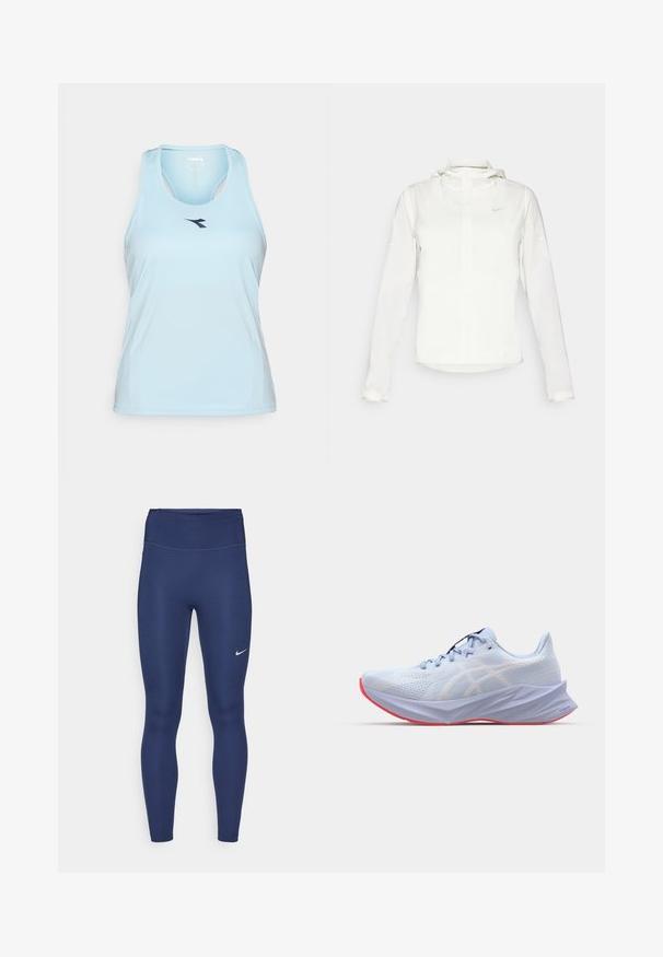 Jachetă albă Nike cu glugă, fermoar pe toată lungimea, manșete elastice și un logo subtil pe piept. Textură netedă și design ușor.; Tricou sportiv de culoare albastru deschis, cu decolteu adânc, design de tip racerback și un logo de culoare albastru închis pe față. Confecționat dintr-un material neted și elastic.; Leggings în nuanță de bleumarin cu talie înaltă, confecționate dintr-un material elastic. Prezintă cusături subtile și un mic logo alb Nike pe coapsa stângă.; Pantofii atletici de un albastru deschis au o parte superioară din plasă texturată, accente albe ale logo-ului, o talpă captusită și o talpă roz. Prezintă un design elegant și ergonomic.