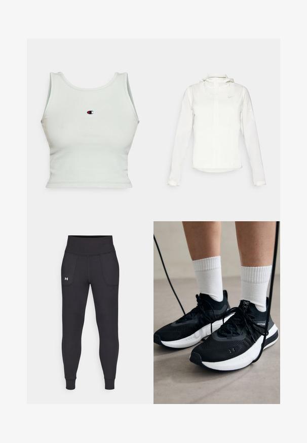 Biela Nike bunda s kapucňou, plným zipsom, elastickými manžetami a jemným logom na hrudi. Hladká textúra a ľahký dizajn.; Svetlozelený rebrovaný crop top s okrúhlym výstrihom a širokými ramienkami. Obsahuje malé vyšívané logo na prednej časti v strede.; Čierne športové legíny vyrobené z elastického materiálu, s vysokým pásom, bočnými vreckami a priliehajúcimi manžetami na členkoch.; Čierne športové topánky s textúrovanou tkaninou, bielou podrážkou a čiernymi šnúrkami. Nosené s bielymi rebrovanými ponožkami, postavené na svetlom povrchu.