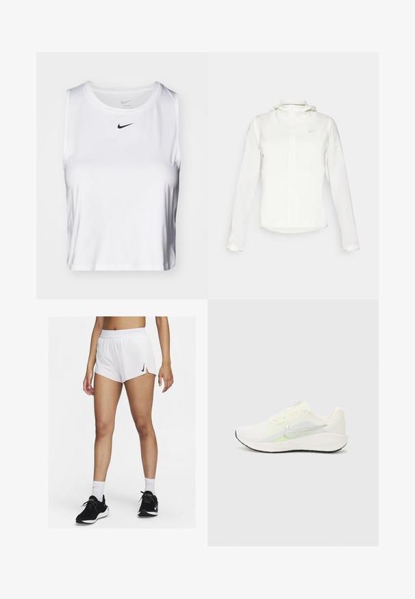 Witte Nike-jack met een capuchon, volledige rits, elastische manchetten en een subtiele logo op de borst. Gladde textuur en lichtgewicht ontwerp.; Witte mouwloze sporttop gemaakt van gladde stof, met een ronde halslijn en een klein zwart Nike-logo op de borst.; Witte sportshorts met een geribbelde tailleband, zijsplitten en een zwarte Nike-logo. Draag ze met zwarte sneakers en witte kousen tot aan de kuit.; Nike Performance DOWNSHIFTER 13 - Hardloopschoenen voor op de weg - sail/silver-coloured photon dust/summit white/barely volt/black