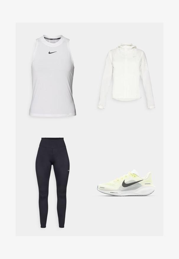 Giacca Nike bianca con cappuccio, zip completa, polsini elasticizzati e un logo discreto sul petto. Texture liscia e design leggero.; Top atletico bianco senza maniche con scollo rotondo e piccolo logo Nike nero sul petto. Realizzato in tessuto liscio e leggero.; Leggings neri a vita alta realizzati in tessuto elasticizzato, con una superficie liscia e un piccolo logo sulla parte inferiore della gamba. Design aderente.; Scarpe da corsa Nike con una tomaia in rete giallo chiaro e bianco, dettagli grigi e una suola in gomma flessibile. Presentano una chiusura con lacci.