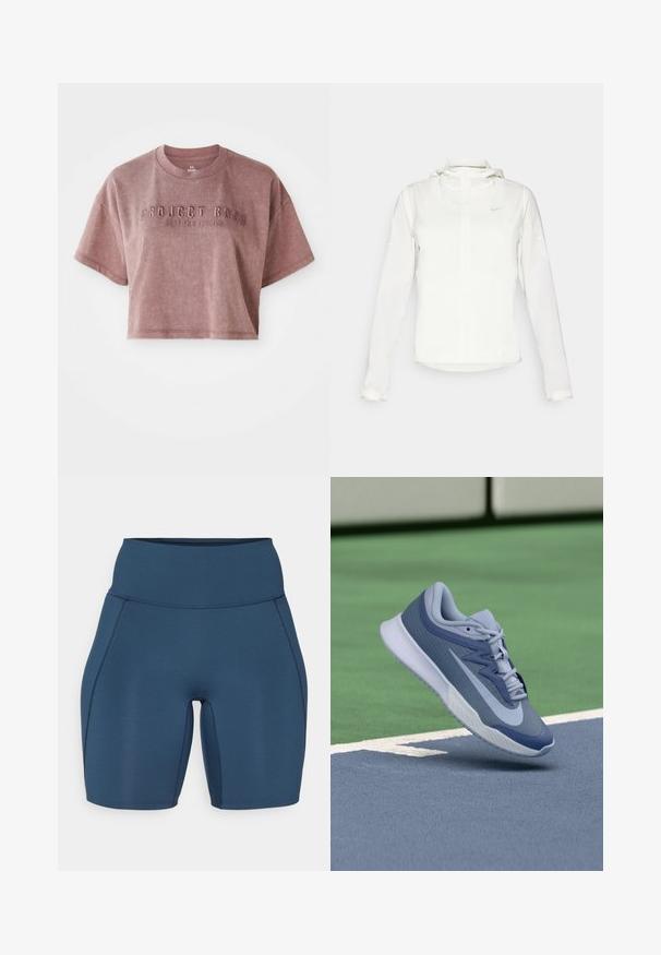 Witte Nike-jack met een capuchon, volledige rits, elastische manchetten en een subtiele logo op de borst. Gladde textuur en lichtgewicht ontwerp.; Korte mouwen, cropped t-shirt in een stofkleur van gedempt rozenrood, gemaakt van zachte stof. Voorzien van gegraveerde tekst "PROJECT ROCK" en "STOP VOOR NIETS" op de voorkant.; Donkerblauwe sportshorts met een hoge tailleband, een gladde textuur en vlakke naden. Heeft een aansluitend ontwerp dat tot halverwege de dij reikt.; Sport sneaker in lichtblauw en marineblauw, met een gestructureerde bovenkant, platte veters en een lichte witte zool. Verhoogd boven een speelveld.