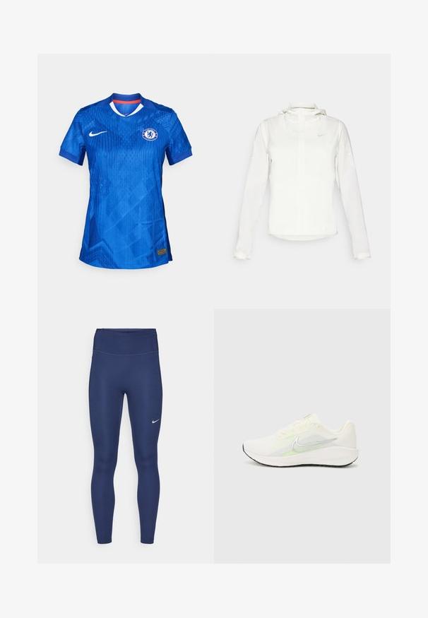 Vit Nike-jacka med huva, hel dragkedja, elastiska ärmslutar och en diskret logotyp på bröstet. Slät textur och lätt design.; Chelsea Football Club-tröja i livfull blå färg, med ett subtilt geometriskt mönster, vit krage och Nike-logotyp på framsidan.; Marinblå leggings med hög midja, tillverkade av elastiskt material. Har subtila stygn och en liten vit Nike-logga på vänster lår.; Nike Performance DOWNSHIFTER 13 - Väglöparskor - sail/silver-coloured photon dust/summit white/barely volt/black