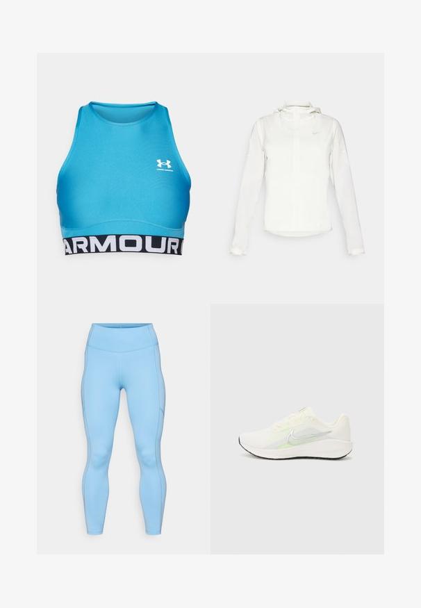 Valge Nike jakker, millel on kapuuts, täispikk tõmblukk, elastsed mansetid ja diskreetne logo rinnal. Sile tekstuur ja kerge disain.; Sinine spordibra, mis on valmistatud siledast ja venivast kangast. Kätkeb rinnal valget logo ja alumises osas musta bandi, millel on valged mustrid.; Heledad sinised leggingid, mis on valmistatud venivast kangast. Omavad kõrget vööd, siledat tekstuuri ja kaarjad õmblused piki jalgu.; Nike Performance DOWNSHIFTER 13 - Maanteejooksu jalatsid - sail/silver-coloured photon dust/summit white/barely volt/black