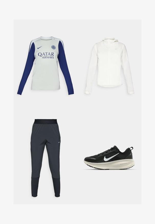 Valge Nike jakker, millel on kapuuts, täispikk tõmblukk, elastsed mansetid ja diskreetne logo rinnal. Sile tekstuur ja kerge disain.; Pikad varrukad jalgpallisärgil helesinises hallis, tumesiniste varrukatega. Särgil on ümmargune kaelus, Nike logo ja Qatar Airways bränding ees.; Nike spordipüksid tumeshallis, kitsa jala disainiga, elastse vöökoha ja aktsentdetailidega pahkluude lähedal.; Musthave mustus Nike jooksujalats, millel on hingav võrgust ülemine osa, valge swoosh logo, tekstuuriga detailid ja kreemja värvusega ZoomX vahevöö.