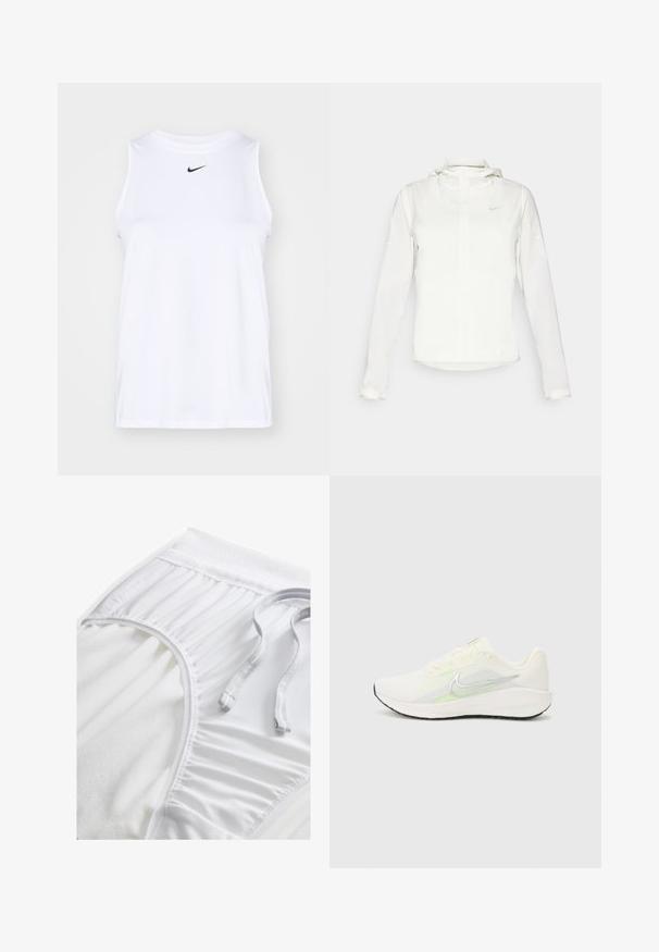 Balta Nike striukė su gobtuvu, pilnu užtrauktuku, elastingomis rankovėmis ir subtiliu logotipu ant krūtinės. Sklandi tekstūra ir lengvas dizainas.; Balta be rankovių sportinė marškinėliai, pagaminti iš lygaus audinio, su juodu Nike logotipu krūtinėje ir šoninėmis angomis, užtikrinančiomis judėjimo patogumą.; Balti sportiniai šortai su tekstūruotu juosmeniu, raukšlėmis šoninėse detalėse ir plokščiu raišteliu. Minkšta medžiaga su lygia apdaila.; Nike Performance DOWNSHIFTER 13 - Bėgimo batai plentui - sail/silver-coloured photon dust/summit white/barely volt/black