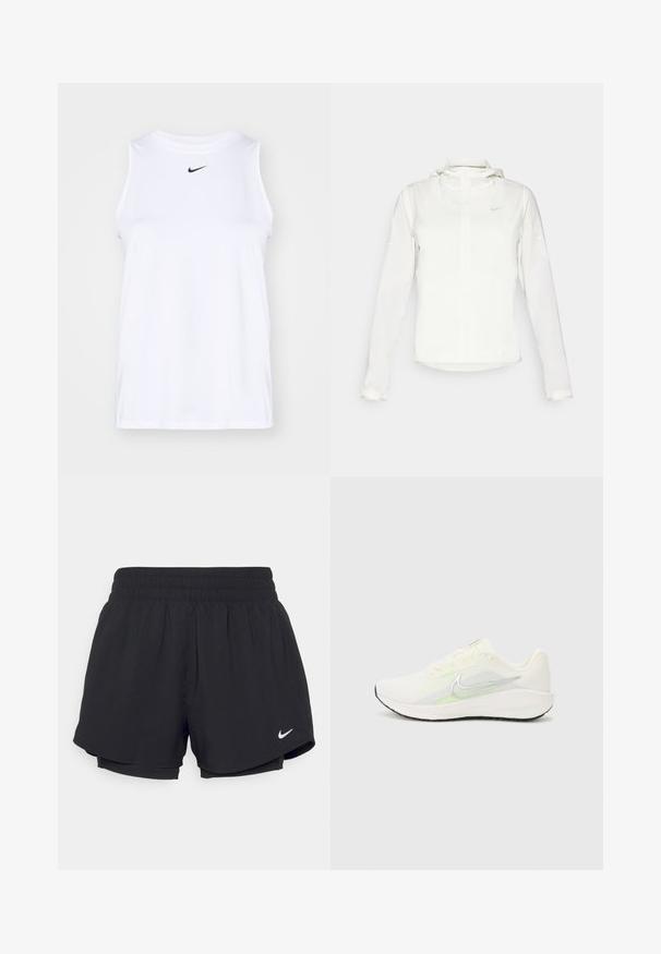 Witte Nike-jack met een capuchon, volledige rits, elastische manchetten en een subtiele logo op de borst. Gladde textuur en lichtgewicht ontwerp.; Witte mouwloze sportshirt van gladde stof, met een zwart Nike-logo op de borst en zijsplitten voor een gemakkelijke beweging.; Zwarte sportshorts met een geraffineerde elastische tailleband, binnenvoering en wit Nike-logo aan de onderkant links. Soepele, lichte stof.; Nike Performance DOWNSHIFTER 13 - Hardloopschoenen voor op de weg - sail/silver-coloured photon dust/summit white/barely volt/black