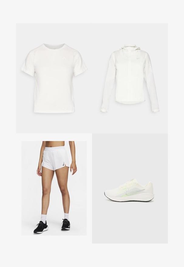 Fehér Nike dzseki kapucnival, teljes cipzárral, rugalmas mandzsettákkal és egy diszkrét logóval a mellkason. Sima textúrájú és könnyű kialakítású.; Könnyű fehér póló rövid ujjakkal, kerek nyakkal és egy apró logóval a bal felső sarkában. Simasága és enyhe fényessége van.; Fehér sportos rövidnadrág bordázott derékpánttal, oldalsó hasítékokkal és fekete Nike logóval. Fekete sportcipővel és fehér bokazoknival viselve.; Nike Performance DOWNSHIFTER 13 - Utcai futócipők - sail/silver-coloured photon dust/summit white/barely volt/black