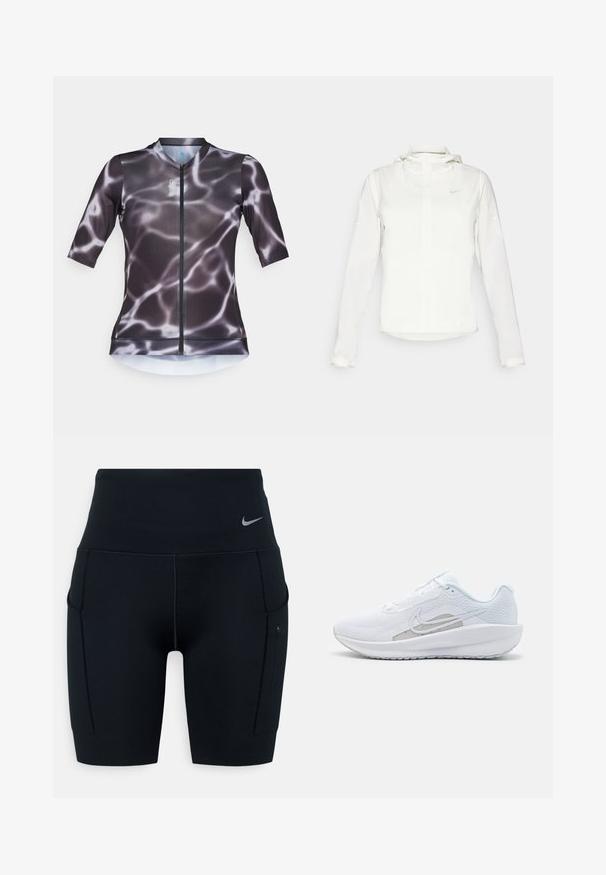 Bílá bunda Nike s kapucí, plným zipem, elastickými manžetami a decentním logem na hrudi. Hladká textura a lehký design.; Cyklistický dres s krátkým rukávem a zipem, s černošedým vzorem ve tvaru vody. Vyroben z pružné, lehké látky.; Černé sportovní šortky s vysokým pasem vyrobené z pružného materiálu; mají boční kapsy a malou Nike logo na pásku.; Bílé sportovní boty s síťovaným vrškem, zaoblenou špičkou a texturovanou podrážkou. Mají stříbrný logo Nike a minimalistický design.