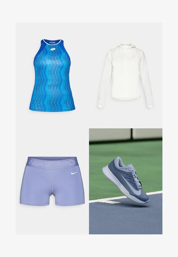 White Nike jacket with a hood, full zip, elastic cuffs, and a subtle logo on the chest. Smooth texture and lightweight design.; Blue athletic tank top with a geometric pattern in various shades of blue. Features a racerback design and white accents around the neckline.; Nike Pro compression shorts in light purple, featuring a wide waistband with "NIKE PRO" text, smooth texture, and patterned side accents.; Sport sneaker in light blue and navy, featuring a textured upper, flat laces, and a lightweight white sole. Elevated above a court surface.