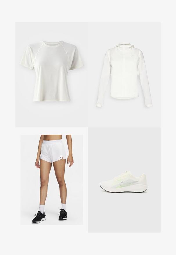 Bela Nike jakna s kapuco, polno zadrgo, elastičnimi manšetami in diskretnim logotipom na prsih. Gladka tekstura in lahko oblikovanje.; Lahka kratka majica s kratkimi rokavi v bledi smetani, z strukturirano tkanino, raglan rokavi in majhnim logotipom "Salomon" na sprednji strani.; Beli atletski šort z rebrastim pasom, stranskimi zarezi in črnim logotipom Nike. Nošen s črnimi supergami in belimi nogavicami do gležnja.; Nike Performance DOWNSHIFTER 13 - Tekaški copati za cesto - sail/silver-coloured photon dust/summit white/barely volt/black