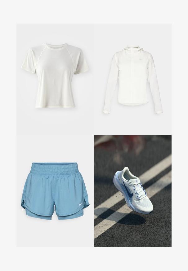 Hvit Nike-jakke med hette, hel glidelås, elastiske mansjetter og en diskret logo på brystet. Glatt tekstur og lett design.; Lett kortermet T-skjorte i lys kremfarge, med teksturert stoff, raglanermer og en liten "Salomon"-logo på forsiden.; Lyseblå idrettsshorts med en bred elastisk midjebånd, indre fôr og sidesplitter for enkel bevegelse. Har et lite hvitt logo.; Hvit atletisk sko med pustende nettingoverdel og blå detaljer. Har en polstret såle og flate lisser. Mellomsålen viser "Air Zoom"-merket.